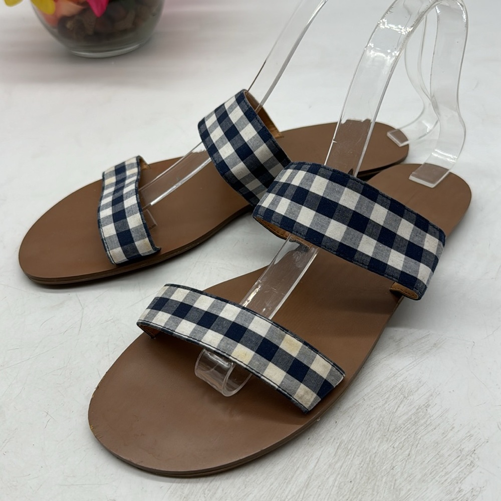 J. Crew Blue White Checkered Slip On Flat Sandal Size 8 MCS5441J - Picture 2 of 7